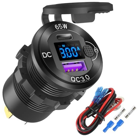 12 V USB-uttag i aluminium, billaddare med USB-C PD 65 W och USB-A Quick Charge 3.0, inbyggd boostfunktion med 15 V/20 V-utgång, vattentätt med voltmeter och strömbrytare, för bil, husbil och båt