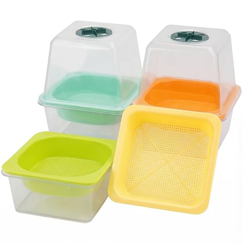 4 Pack Microgreen Growing Trays, Sprouting Tray with Humidity Dome, 1.2 mm Small Mesh Holes, BPA Free, Sprouter Kit for Growing Mirco Seeds, Like Broccoli, Alfalfa, Radish, Clover - Clear Base