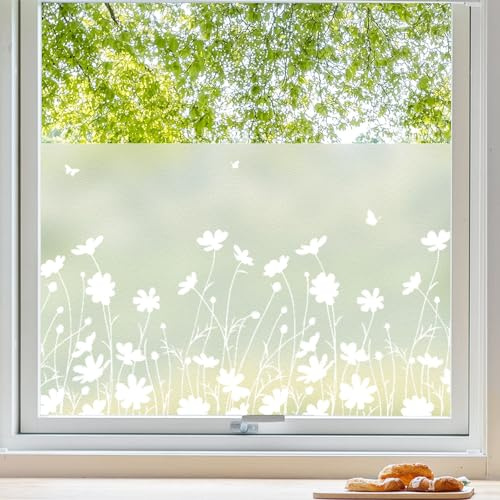 Linarun Frostad fönsterfilm insynsskyddsfilm för glasfönster nyans ogenomskinlig fönsterfilm blommönstrad fönsterglasglasglasfilm utan lim integritet, fönsterfilmer för badrum, kontor, kök 44,5 x 400