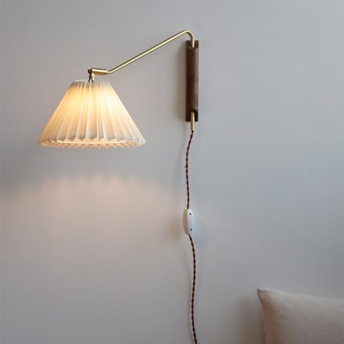 CRRONG Swing Arm Plug in Wall Reading Lights for Bedroom Wood Farmhouse Wall Sconce with Pleated Fabric Shade Adjustable Long Arm Nordic Modern Wall Mounted Lamp for Bedroom Bedside Living Room