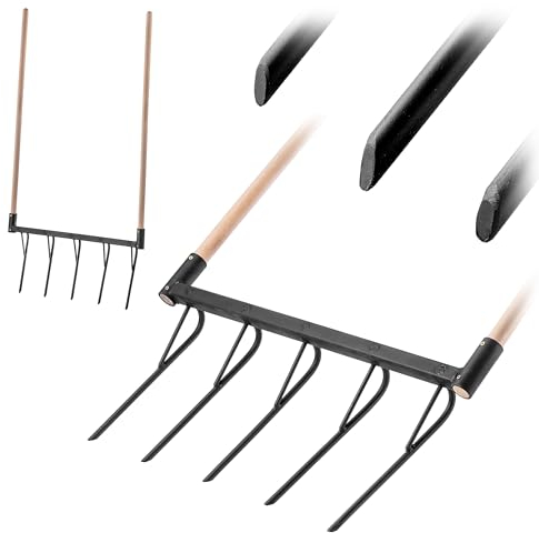 KADAX Grabegabel mit 5 Zinken und Langen Holzstiele, Robuster Handkultivator zur Bodenlockerung und Gartenbearbeitung, Doppelgrabegabel (Mit Stiel)