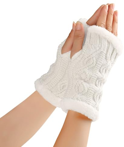 AYNKH Guantes sin dedos para mujer, guantes cálidos de felpa gruesa sin dedos, guantes de punto de invierno, guantes de punto de medio dedo para niñas, señoras y niños, blanco, Talla única