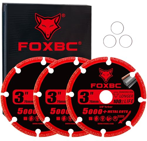 FOXBC 3 Inch Diamond Cut Off Wheel with 5000+ Metal Cutting on Rebar, Stainless Steel, Angle Iron, 3/8 Arbor - 3 Pack