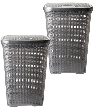 2friends Wäschekorb aus Kunststoff im Rattan-Design, 2er Pack - Geräumige 60L Wäschewanne mit praktischem Deckel, stabile Aufbewahrungsbox in Grau, 63x43x34cm, ideal für Badezimmer