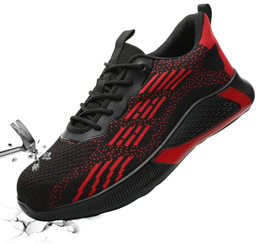 Scarpe da Lavoro Uomo S1 Scarpe Antinfortunistiche Donna con Punta in Acciaio Scarpe Protettive Unisex Sneakers Traspiranti Antiscivolo Nero Rosso 42