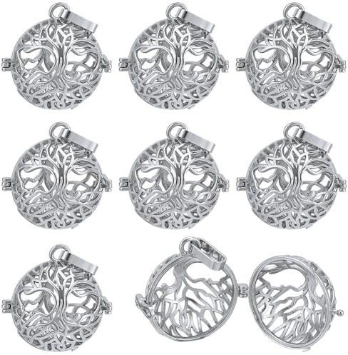 SUNNYCLUE 10 Stück Käfiganhänger Medaillon Anhänger Aus Messing Silberfarben Hohl Zum Öffnen Lebensbaum Aromatherapie Ätherische Öle Runde Kugel Anhänger Charm Für Schmuckherstellung Charms Für Frauen