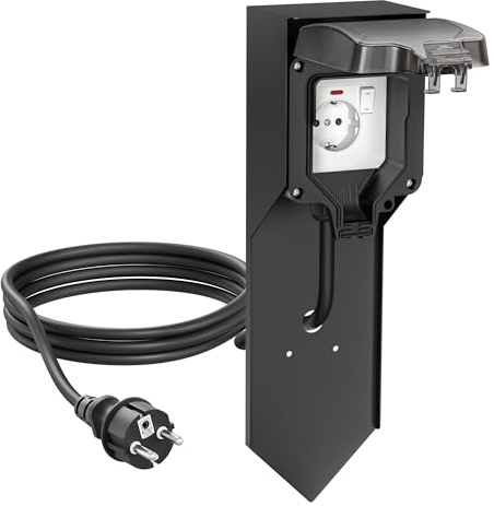 ledscom.de Steckdosensäule POXO mit Erdspieß und 2m Kabel für außen, IP65, 1-fach, schwarz, eckig, 40cm