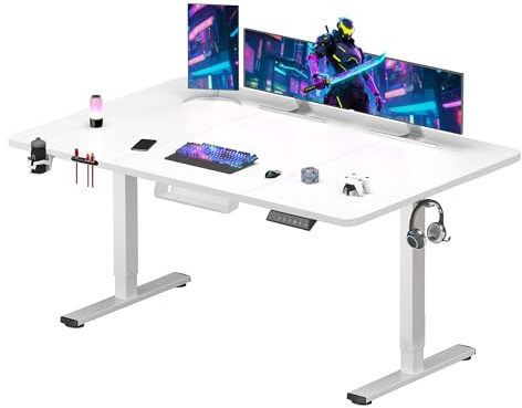 SANODESK Bureau Gaming Réglable en Hauteur 160x60 cm, Bureau Assis Debout, Table Électrique Contrôle à Fonctions Mémoires avec Crochet, Blanc