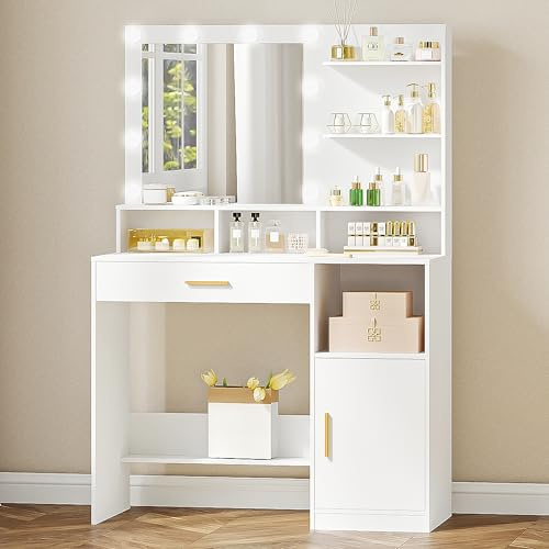 Hzuaneri Sminkbord med Spegel Och 10 Led-Lampor, med 3 Hyllor Och 4 Öppna Fack, Sminkbord med Stor Låda Och Skåp, 3 Justerbara Ljusstyrkor, Vit DT41303XEU