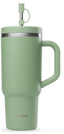 QWETCH - Travel Cup 900ml avec Paille & Anse - 48h Glacé / 12h Froid - Gourde Isotherme Inox Recyclé - Mug avec Bouchon à Vis Anti-Éclaboussures - Tasse Thermo - Vert Tilleul