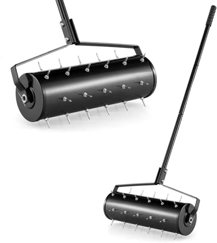Nightcore 21” Rolling Aerator for Lawn Care, Garden Patio Yard Aerator w/Lawn Soil Penetrating Spikes, 51” Long Metal Handle, Fillable Drum, Manual Aeration Gardening Tool Aerator Roller, Black