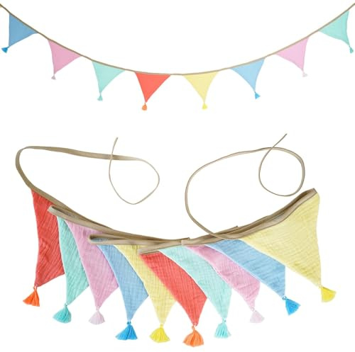 LUMOOM Bandierine per cameretta dei bambini, 2,6 m, ghirlanda per cameretta dei bambini, decorazione per la cameretta dei bambini, in tessuto di mussola, in cotone, per ragazze e ragazzi, decorazione