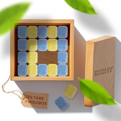 BiOHY All-in-One Spülmaschinen Tabs (20 Tabs) + Aufbewahrungsbox aus Holz | Phosphatfrei |Für die tägliche Reinigung von Geschirr & Besteck | Gegen hartnäckigste Fett- & Essensreste