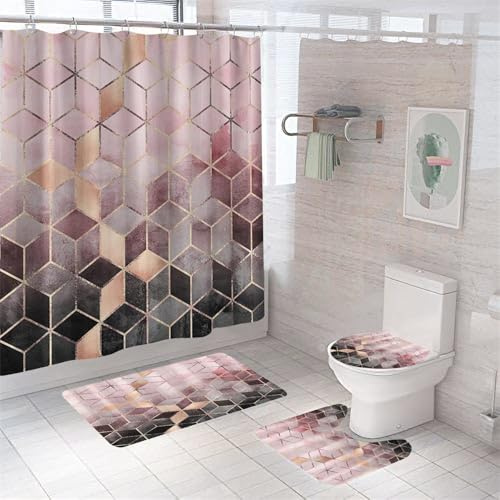 Badezimmerteppich Rosa Geometrie Badteppich rutschfest Waschbar Badgarnitur 3 Teilig – Badematte Set Mit Wc-Vorleger Und Badematte,Teppich Badezimmer Für Sicherheit Und Komfort Im Bad 50×80Cm