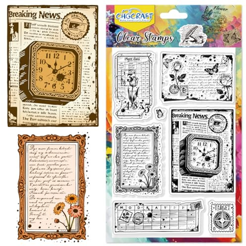 CHGCRAFT Vintage Hintergrund Klare Stempel Blumen Transparente Stempel Retro Buchstaben Klare Silikon Siegel für DIY Scrapbooking Fotoalbum Dekoration, 4,3x6,3 Zoll