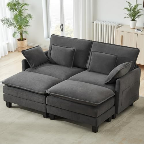 Modulares Sofa mit Schlaffunktion,Chenille Ecksofa Klein mit Dicken Polstern,Sofa L Form Set mit Couch Kissen,Bequemer Sessel Wohnzimmer Couch mit Hocker,Chaiselongue (Dunkelgrau, 197 cm L-Form)