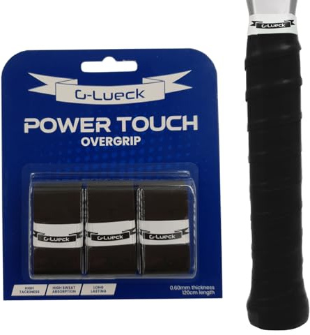 G-Lueck 3er Set Tennis Power Touch Overgrip (sehr griffig & langlebig) | 0,60mm Stärke | Griffband für Padel, Badminton, Squash Schläger inkl. selbstklebendes Abschlußband | Anti-Rutsch (Schwarz)