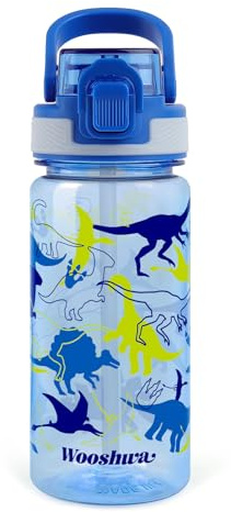 wooshwa Trinkflasche Kinder mit Strohhalm Auslaufsicher 480ml - Dinosaurier | Sport Trinkflaschen Wasserflasche zum Wandern & Fitnessstudio mit Tragegriff BPA-frei