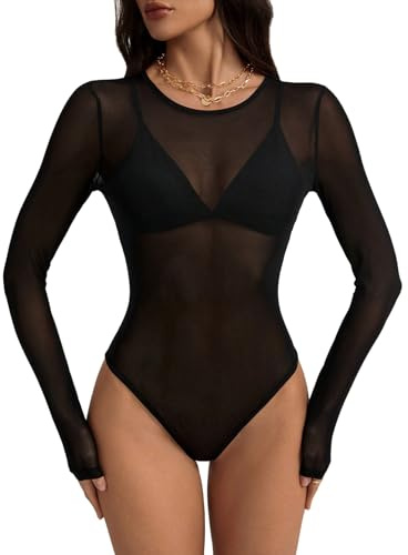 GORGLITTER Transparent bodysuit för kvinnor, Y2K, transparent nätkropp, långärmad nättopp, elegant bodyshirt, festtopp, rave, festival, outfit, svart, M