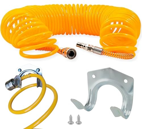 Manguera Compresor Aire Resistente para un Entorno de hasta 12m de Trabajo con Conectores Rápidos – Manguera Aire Comprimido para Herramientas Neumáticas – Gancho de Pared Incluido (15m | 8x12mm)