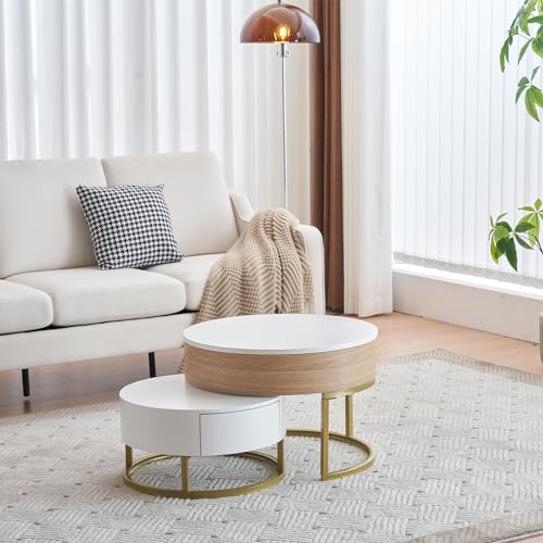 Doyisy Goldener Satztisch, hochklappbare Couchtischkombination, Beistelltisch mit Zwei Schubladen, 2-teiliges Set 70x70x42/56,5+60x60x27(cm)