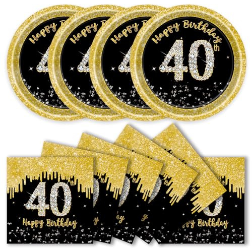 50 Pieces 40th Birthday Party Tableware Set, 30th Birthday Party Plates and Napkins Black Gold Paper Plates Party Birthday Tableware for Man Woman Birthday Decoration (40th)