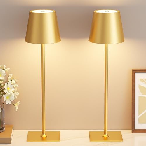 Kakanuo Gold Cordless Rechargeable Table Lamp 5000mAh Battery Operated Lamps, 3 Colors Stepless Dimming Touch Lamp for Living Room, Kitchen Counter, Dining, Outdoor Patio, 2 Pack