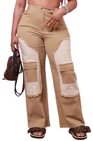 Baggy Vintage Patchwork Jeans for Women High Elastic Waist Straight Wide Leg Stretch Cargo Denim Pants Streetwear Flap Pocket Loose Trousers, Khaki,X-Large