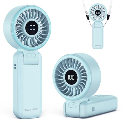 TECKNET Handheld Fan with 5000mAh, USB Portable Hand Held with LED Display | Rechargeable Fan 150° Foldable, 1-100 Speed Mini Electric Desk Fan for Travel Home Office Bedroom Outdoor, Light Blue