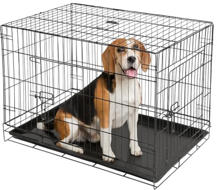 2 Door Metal Dog Crate with Removable Tray - Medium - 1x Heavy Duty Folding Foldable Portable Collapsible Indoor Car Travel Training Cage Bed Carrier Furniture - Black - by Harbour Housewares