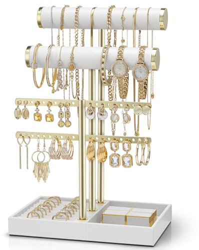 Vlando Schmuck Organizer 4 Etagen Schmuckständer Gold Lederner Armbandhalter, Weiß