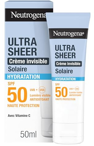 Neutrogena – Crème Solaire Visage Invisible Ultra Sheer Hydratation SPF 50 UVB + UVA (50 ml) – Antioxydant et haute protection avec Vitamine C – Sec au toucher, absorption rapide et hydratation 24 h