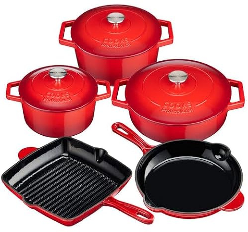 Cooks Professional 5 Piece Cast Iron Casserole Dishes, Frying Pan & Skillet Set | Heavy-Duty Cookware Pans with Enamel Interior | Oven Safe to 260°C, Induction & All Hob Compatible | Red