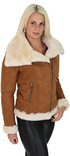 A1 FASHION GOODS Damen Echtes Lammfell-Jacke Doppelgesicht HELLBRAUN Merino Shearling Fliegermantel - Alexa (L - EU 40)