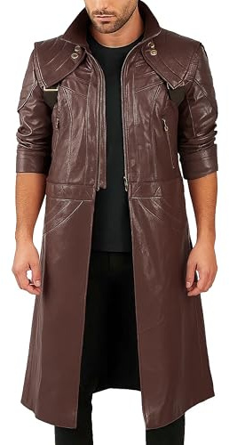 Fashion_First Mens Long Leather Trench Coat for Men - Cosplay Long Leather Jacket | Maroon Costume Coat | Halloween Party Wear