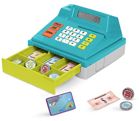 Battat - Registratore di cassa giocattolo per bambini e ragazzi - Registro da gioco da 48 pezzi con denaro giocattolo, carta di credito - Registratore di cassa calcolatore blu - 3 anni +
