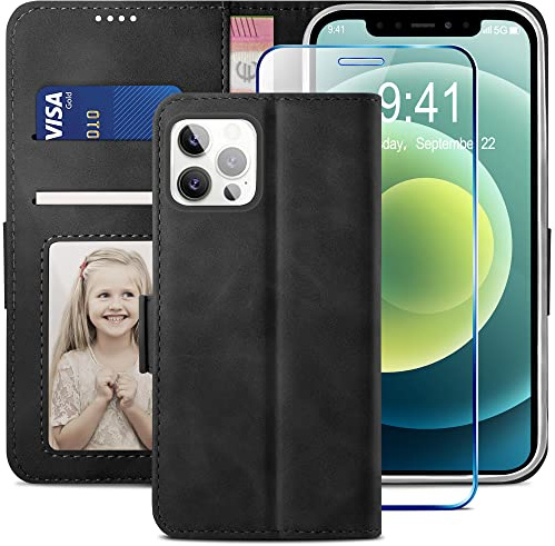 YATWIN Kompatibel mit iPhone 12 Hülle und iPhone 12 Pro Handyhülle +1 Stück Panzerglas Schutzfolie, Klapphülle Premium Leder Brieftasche Schutzhülle Handytasche für iPhone 12/12 Pro Case, Schwarz
