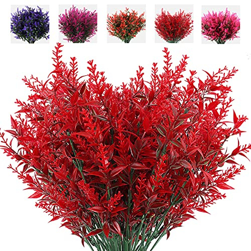 RECUTMS 8Pcs Outdoor UV Resistant Faux Flower Fake Lavender Plastic Plant | Artificial Garden Plants Faux Greenery Eucalyptus Plants Lavender Fake Flowers for Garden Patio Home Wedding Spring Decor