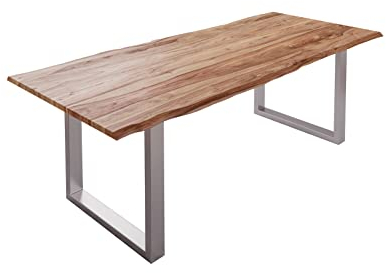 SAM Baumkantentisch 220x100cm Mailand, Sheesham-Holz naturbelassen, Esstisch mit echter Baumkante, massiver Esszimmertisch mit U-Gestell Silber, Tischplatte 26mm