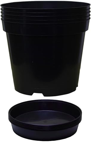 Muddy Hands Pack of 5 Black Plastic Plant Pots + Saucers - Outdoor Garden Round Nursery Herb Flower Planters Base Water Drip Trays (5 Litre)