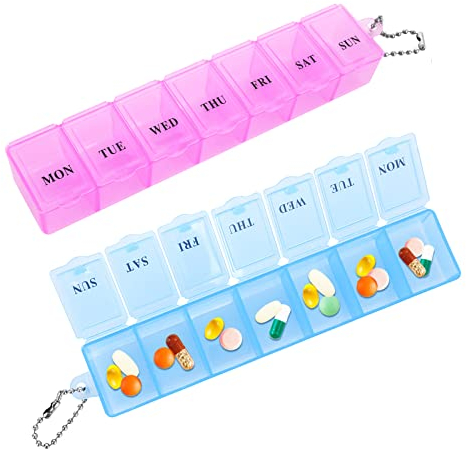 Sibba 2 scatole per pillole, organizer per 7 giorni, agenda settimanale, piccolo scomparto per farmaci, contenitore per viaggi, vitamine, integratori alimentari (rosa + blu)