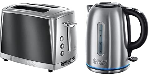 Russell Hobbs 23221 Luna Two Slice Toaster, 1500 W, Grey & 20460 Quiet Boil Kettle, Brushed Stainless Steel, 3000W, 1.7 Litres