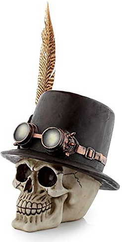 Generisch Gothic Steampunk Totenkopf mit Zylinder und Feder | Fantasy Skull, Totenschädel, Kopf-Skulptur, Statue, Figur, H 16,5 cm