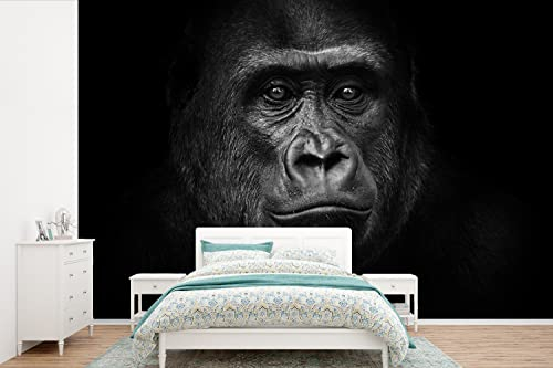 Selbstklebend Tapete Wandpapier Wandaufkleber Fototapete Tapeten Wanddeko 420x280 cm Gorilla - Schwarz - Weiß - Tiere - Porträt