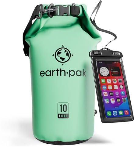 Earth Pak - Wasserdichter Packsack mit Schultergurt und wasserfester Handyhülle – Ideale Rolltop Tasche beim Kajak Fahren, Wandern, Camping, Angeln, Bootfahren und Rafting (Meerschaumgrün, 10L)
