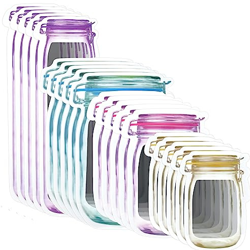 20Stück Mason Jar Zip Beutel Lebensmittel Aufbewahrungsbeutel 5 Größen Wiederverwendbare Reißverschlussbeutel Tasche Küche Veranstalter, für Snacks, Süßigkeiten, Picknick, Keksen