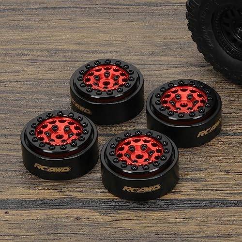 RCAWD Axial 1/24 SCX24 Wheel Rim,Aluminum 26g per 1” beadlock wheel rim 26 * 13mm no glue with brass counterweight ring for Axial 1-24 SCX24 crawlers upgrades parts(Red)
