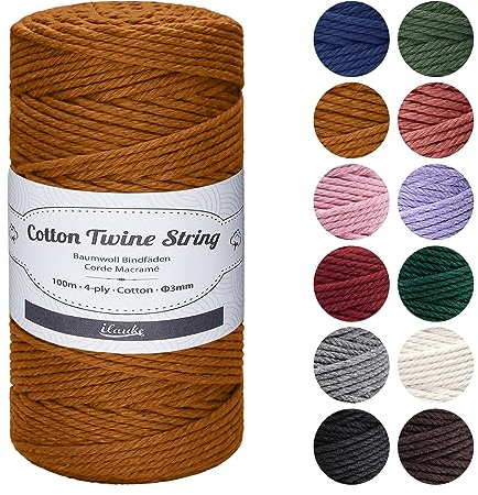 Corde Macramé Caramel,ilauke 3mm*100m Fil Macramé 4-Ply Naturel Coton Cordon Macramé Fils et Cordes de Perlage pour Tressée DIY,Tapisserie de Plante,Cintre de Artisanat Suspendues,Décorations Murales
