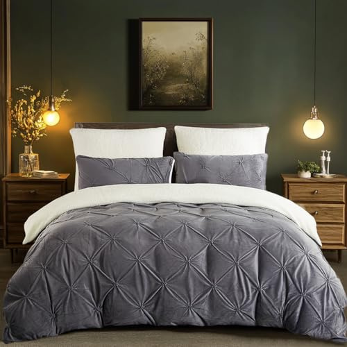 Winter Bettwäsche 135x200cm 4Teilig Flanell Fleece Grau Weiß Wendebettwäsche Set Flauschig Plüsch Sherpa Cashmere Touch Pintuck Bettbezug und Kissenbezug mit Reißverschluss,Oeko-Tex Zertifiziert