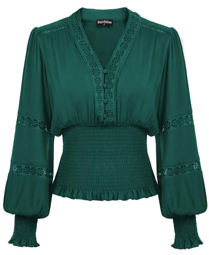 SCARLET DARKNESS Damen Steampunk Piratenhemd Korsett Elastisch Hohe Taille Laternenhülse Rüschenbluse Blau Grün XL